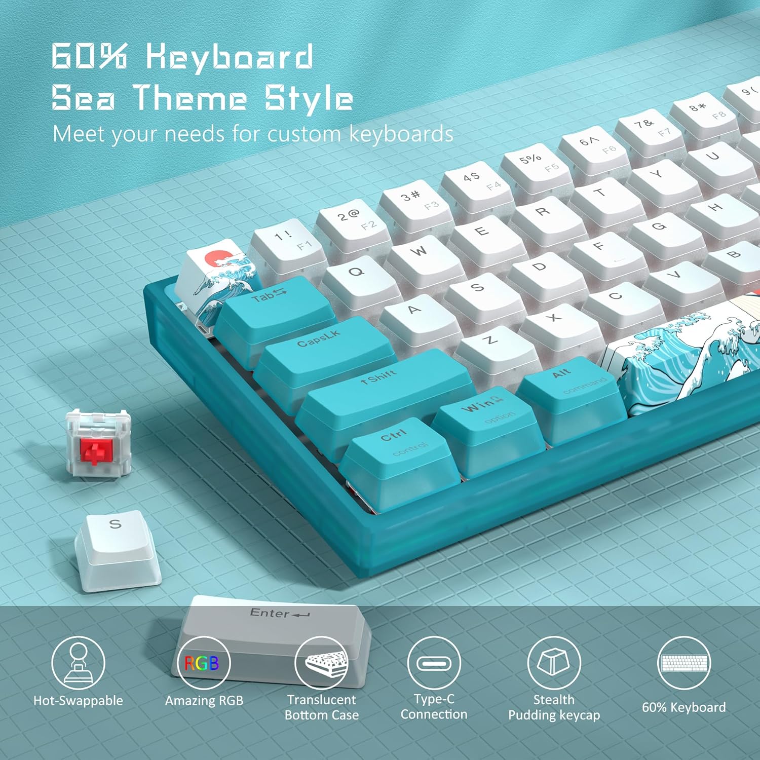 Womier WK61 60% RGB Wired Gaming Keyboard, Hot-Swappable, Red Switch S434778