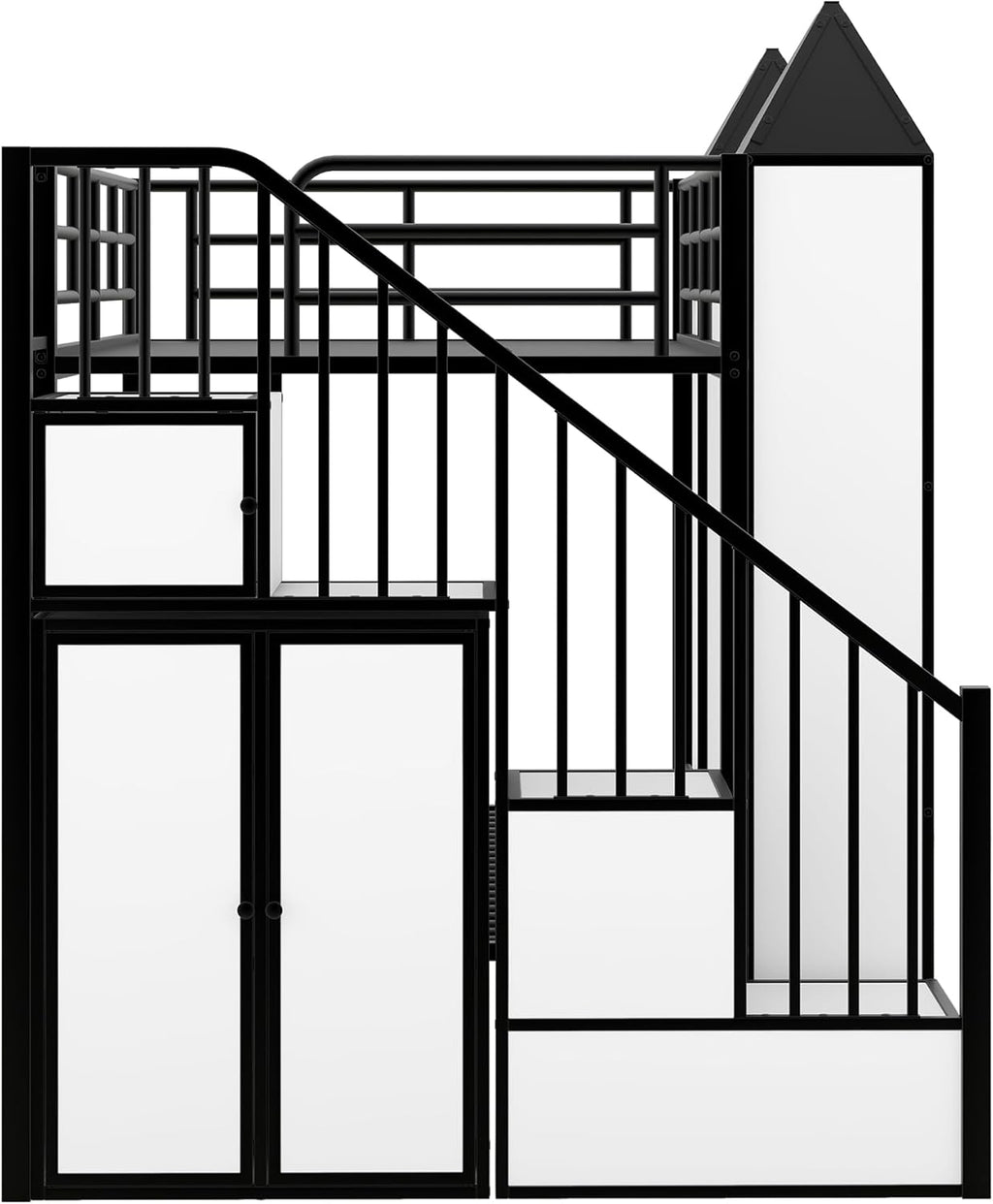 Twin Over Twin Castle Bunk Bed with Stairs and Storage, Black+White F337