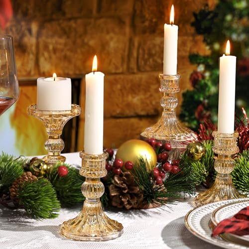 Taper Candle Holder Set of 6, Glass Gold Vintage Candlestick Holders Y451