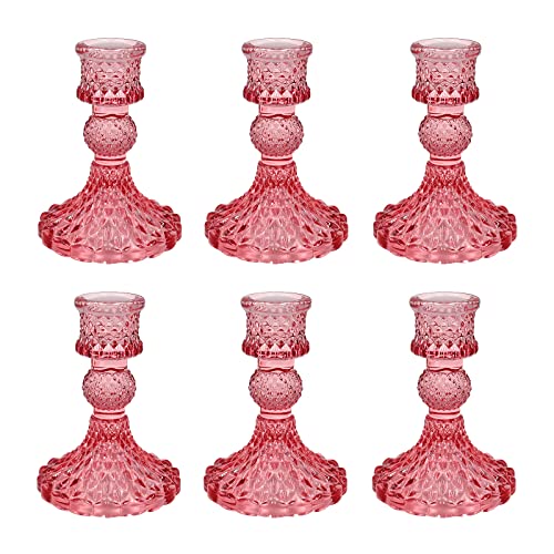 Glass Candlestick Holders Set of 6, Champagne Diamond Taper Candle Holders for Table Centerpiece, Home Decorations, Valentine Day, Wedding and Party