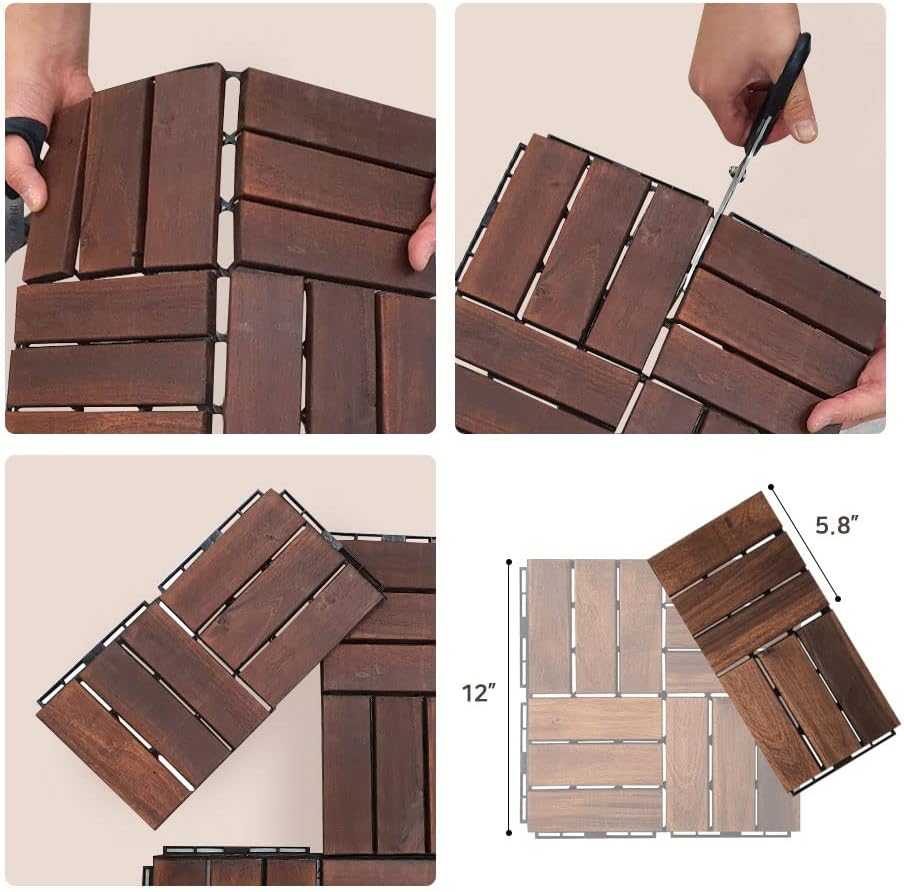 Acacia Hardwood Interlocking Deck Tiles - Walnut Grid - 12"x12" 9pcs G147
