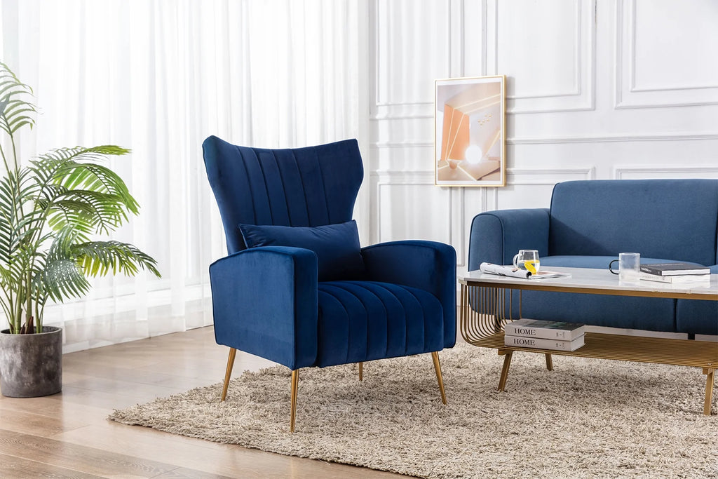 Guyou Velvet Accent Chair, Modern Wingback Armchair with Metal Legs, Navy E69187