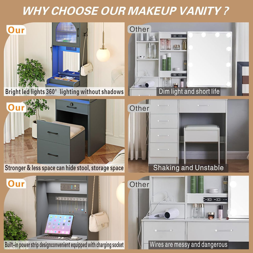 Vanity Desk with Mirror and Lights, Locking Drawers, Charging Station, Grey B88209