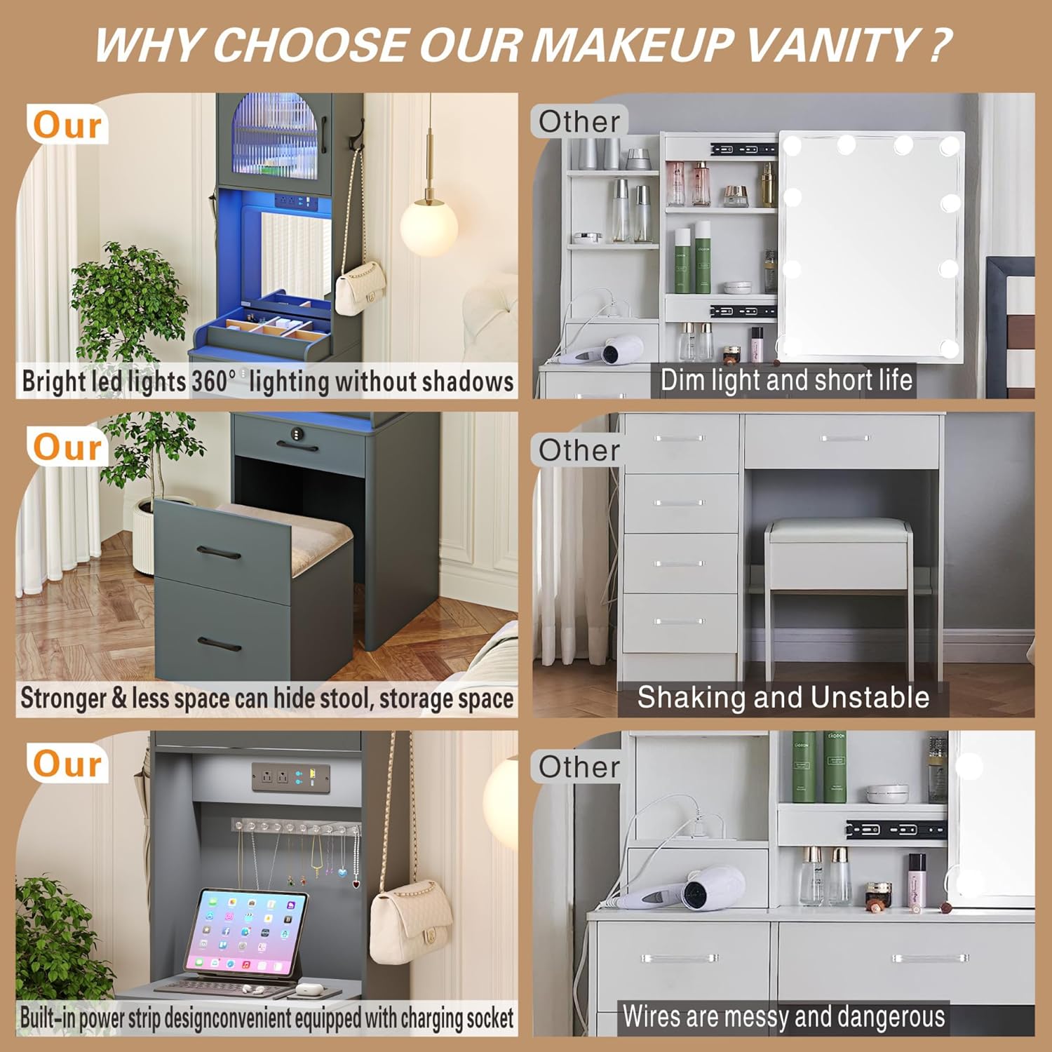 Vanity Desk with Mirror and Lights, Locking Drawers, Charging Station, Grey B88209