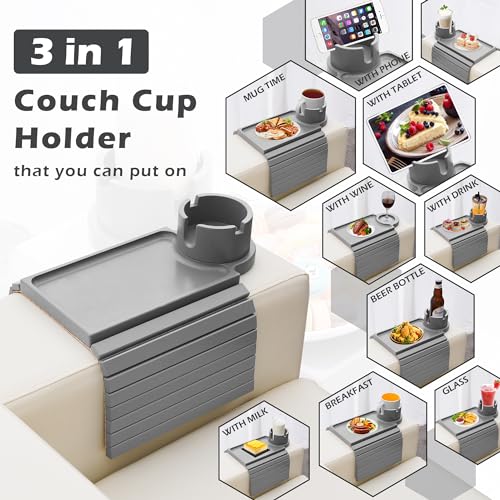 Bamboo Couch Cup Holder Tray with 360° Cup Holder, Removable Anti-Slip Organizer L3348