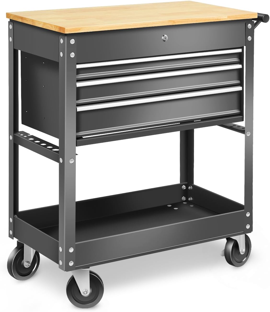 DNA MOTORING 3-Drawers Wood Top Utility Rolling Tool Chest Cabinet with Wheels, Heavy Duty Industrial Service Cart Keyed Locking System, for Garage Warehouse Workshop, Black, TOOLS-00403
