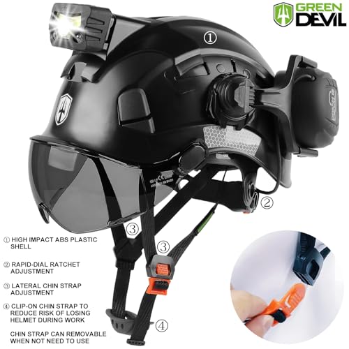 GREEN DEVIL Hard Hat Safety Helmet with Visor Bluetooth Ear Muffs and Headlamp P578156