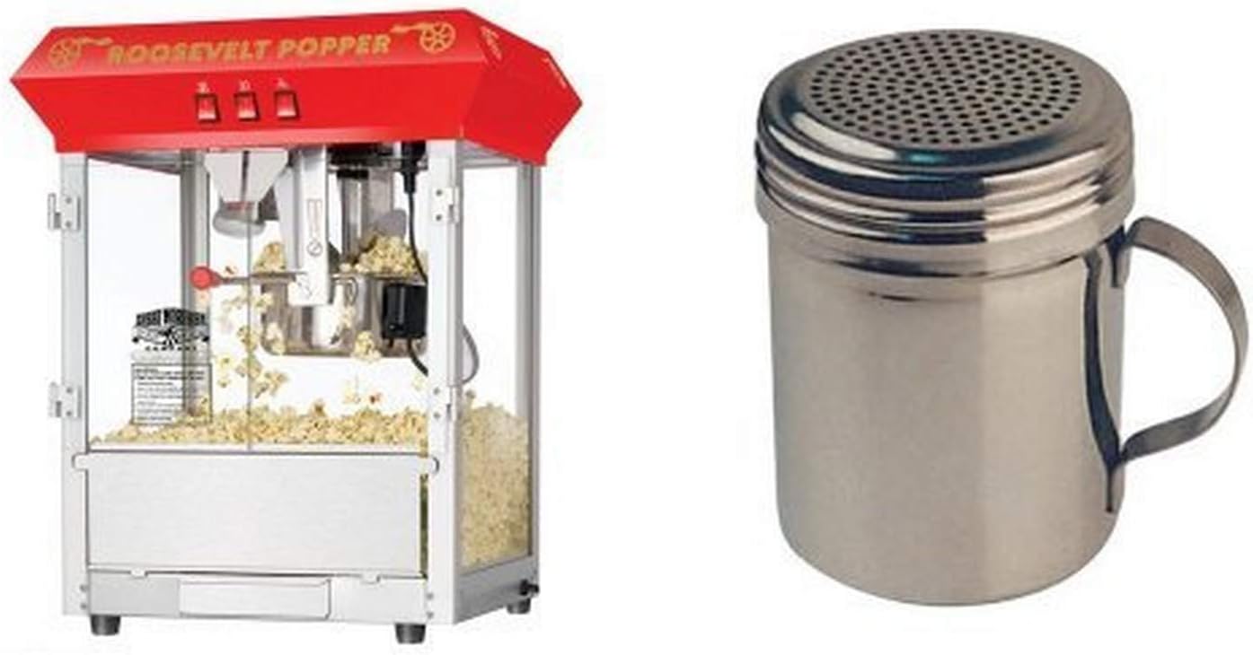 Great Northern Popcorn 6010 Roosevelt Top Antique Style Popcorn Popper Machine, 8-Ounce and Winware Stainless Steel Dredges 10-Ounce with Handle Bundle