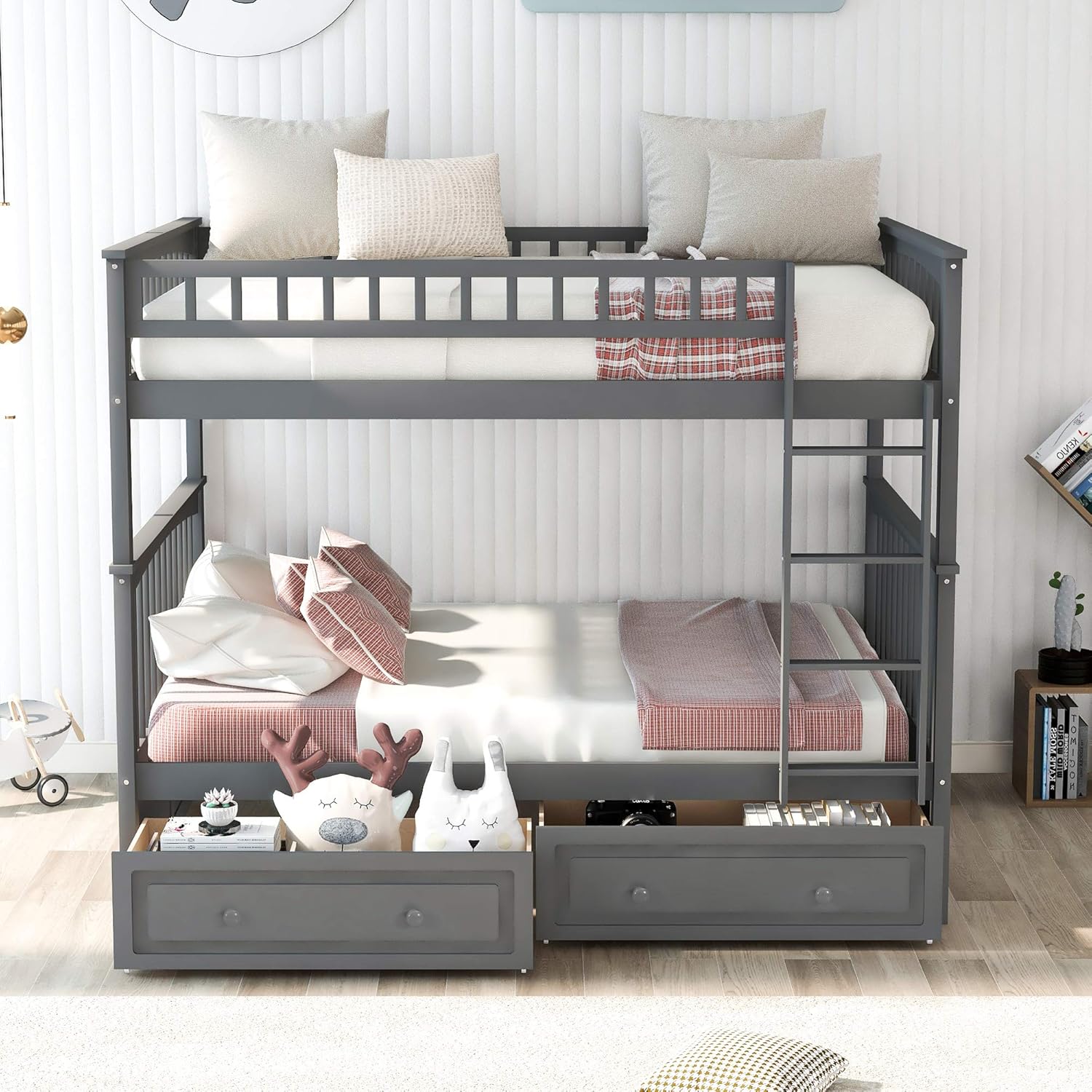 Full Over Full Bunk Bed with Drawers, Gray M976644
