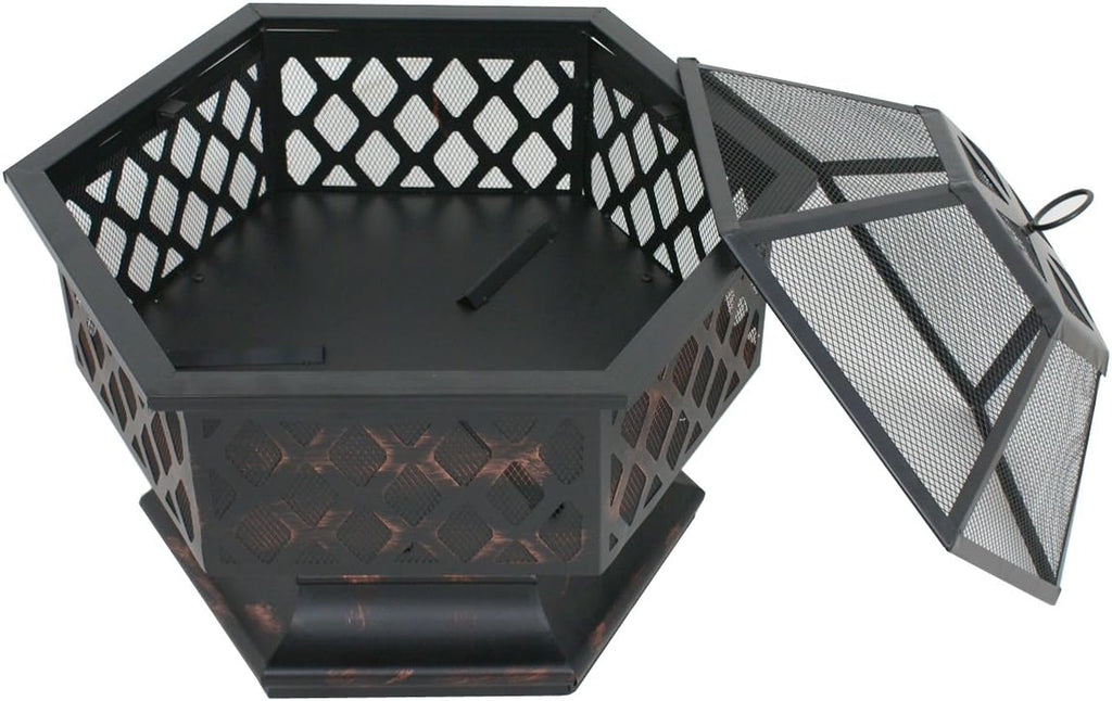 ZENY 24" Outdoor Fire Pit Wood Burning Steel Hex Bowl with Screen I10474