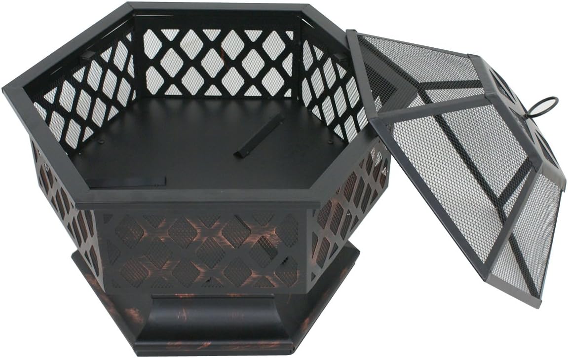 ZENY 24" Outdoor Fire Pit Wood Burning Steel Hex Bowl with Screen I10474