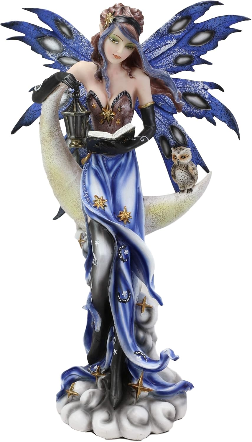 Ebros Fantasy Celestial Bookworm Fairy Carrying Lantern and Owl Sitting On Crescent Moon Clouds and Stars Statue 14" Tall Fairies Nymphs Pixies Collectible Figurine