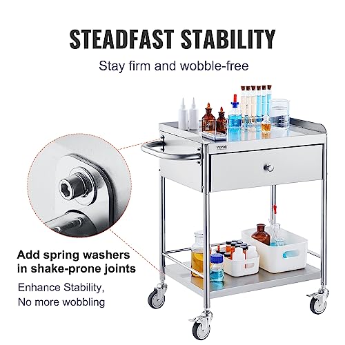 VEVOR Stainless Steel Utility Cart with Wheels, 2 Shelves 1 Drawer L420