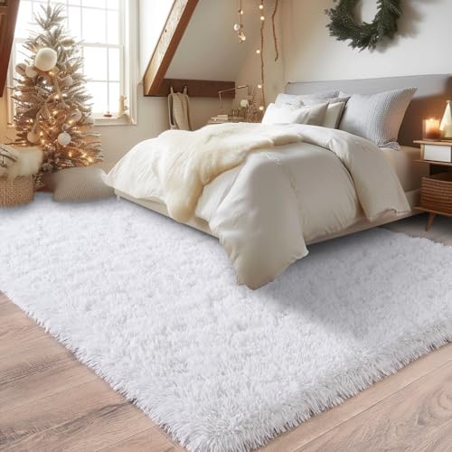 Fluffy Rugs for Bedroom Living Room, 4x6 Feet, Non-Slip Shaggy Area Rug, White R1191