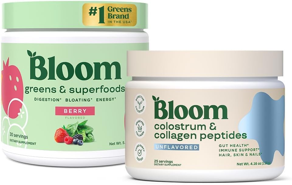 Bloom Nutrition Superfood Greens Powder, Digestive Enzymes with Probiotics and Prebiotics, Gut Health, Bloating Relief, Berry + Bovine Colostrum Powder | Pure 40% IgG Premium Colostrum