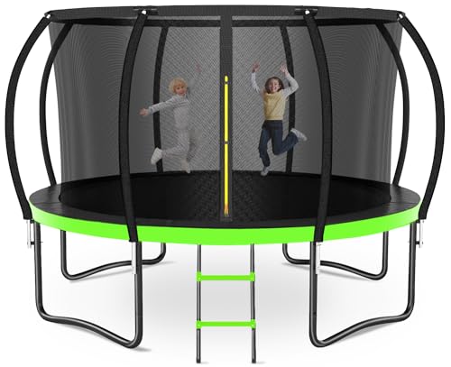 12FT 14FT 16FT Outdoor Trampoline for Kids & Adults, Recreational Trampoline w/Ladder & Safety Net, Heavy Duty Backyard Metal Trampoline, 400/450LBS Round Pumpkin Trampoline, ASTM Approved