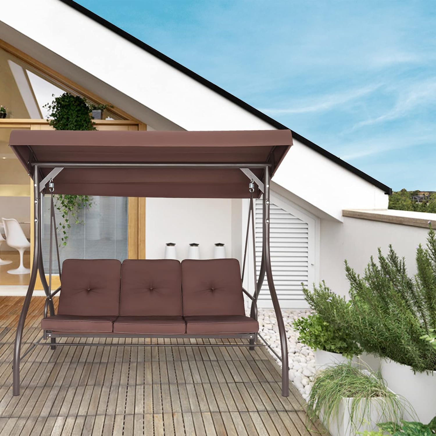 NA Steel Swing Outdoor Patio Seat with Cushion and Canopy O288434