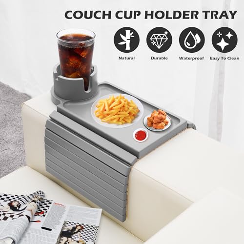 Bamboo Couch Cup Holder Tray with 360° Cup Holder, Removable Anti-Slip Organizer L3348
