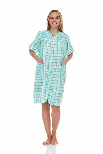 Women's Snaps Front Closure House Dress Short Sleeve Woven Housecoat Duster Lounger Robe