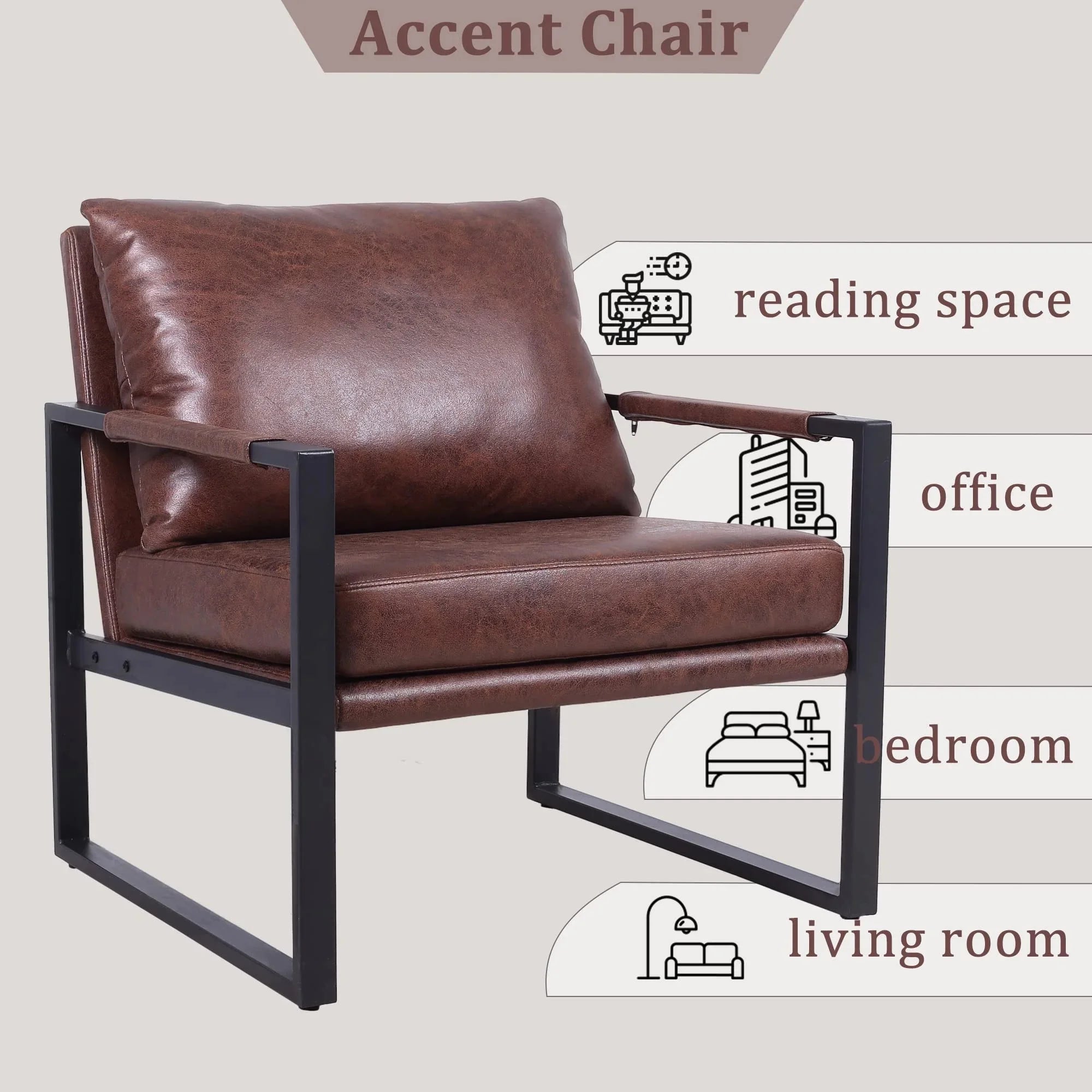 Mid Century Modern Accent Chair Faux Leather with Metal Frame Brown Q8288