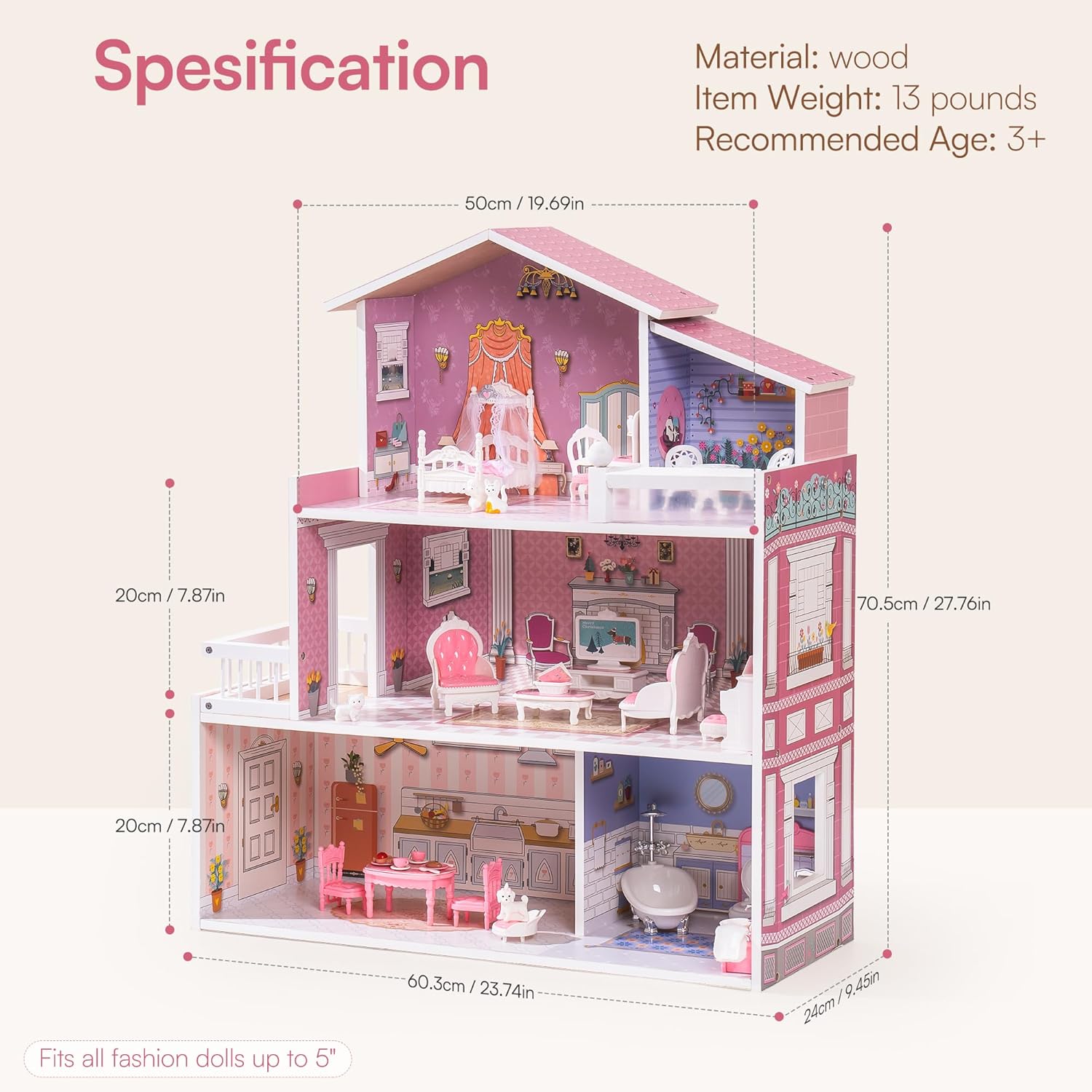 ROBUD Wooden Dollhouse Playset with 24 PCS Furniture for Kids G8520