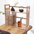Desk Shelf Organizer,Adjustable Office Desk,Bamboo Desktop Bookshelf Organizer with 3 Drawers,Small Expandable Desktop Organizer Table Top Bookcase(Natural)