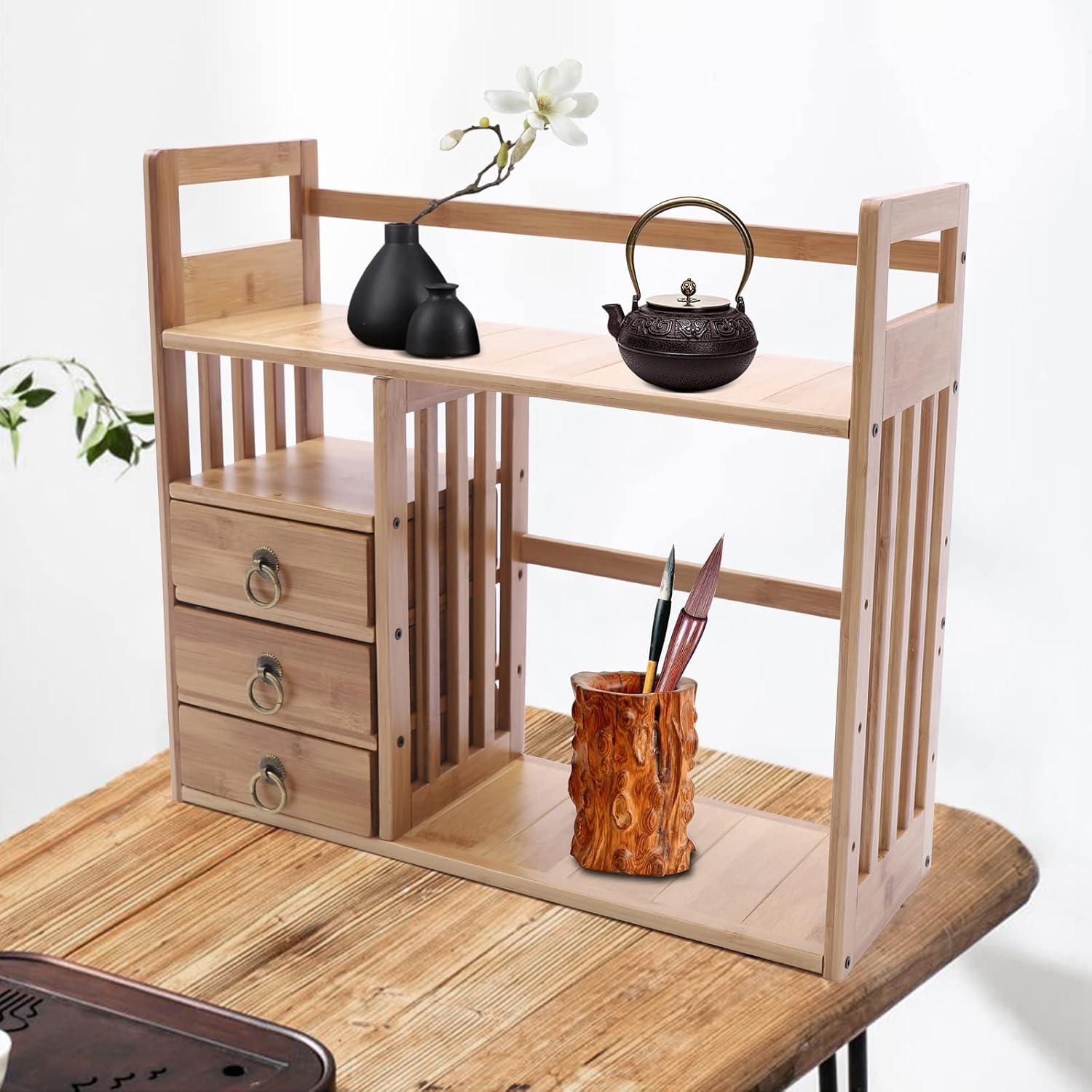 Desk Shelf Organizer,Adjustable Office Desk,Bamboo Desktop Bookshelf Organizer with 3 Drawers,Small Expandable Desktop Organizer Table Top Bookcase(Natural)