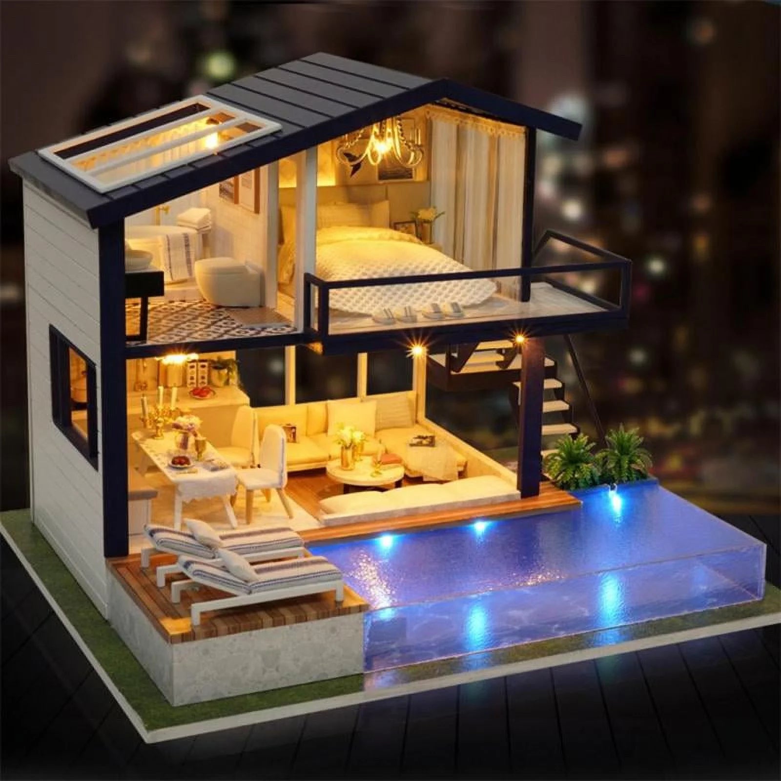 Miniature Dollhouse with Realistic Furniture and LED Light W1163