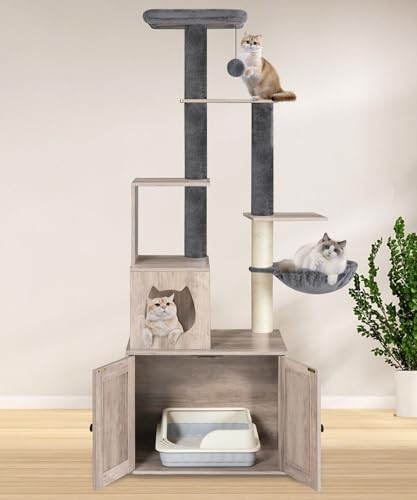 HOOBRO Cat Tree with Litter Box Enclosure, Wooden, 67.7" H I160