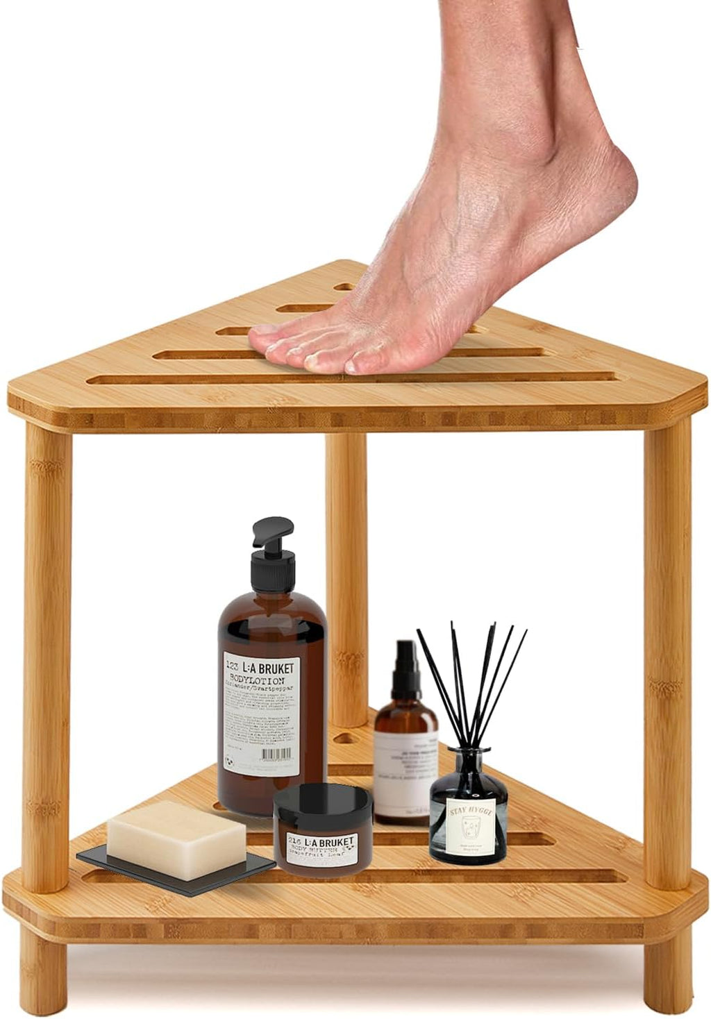 Bamboo Corner Shower Stool for Inside Shower Waterproof,Shower Bench for Shaving Legs,Shower Foot Rest with Storage Shelf,Shower Foot Stool for Small Spaces,Bath Seat,Corner Nightstand, Beside Table