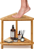 Bamboo Corner Shower Stool for Inside Shower Waterproof,Shower Bench for Shaving Legs,Shower Foot Rest with Storage Shelf,Shower Foot Stool for Small Spaces,Bath Seat,Corner Nightstand, Beside Table