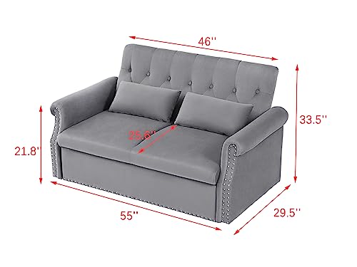 55" Button Tufted Upholstered Futon Loveseat Daybed Convertible Sofa Bed, Gray Velvet J646936