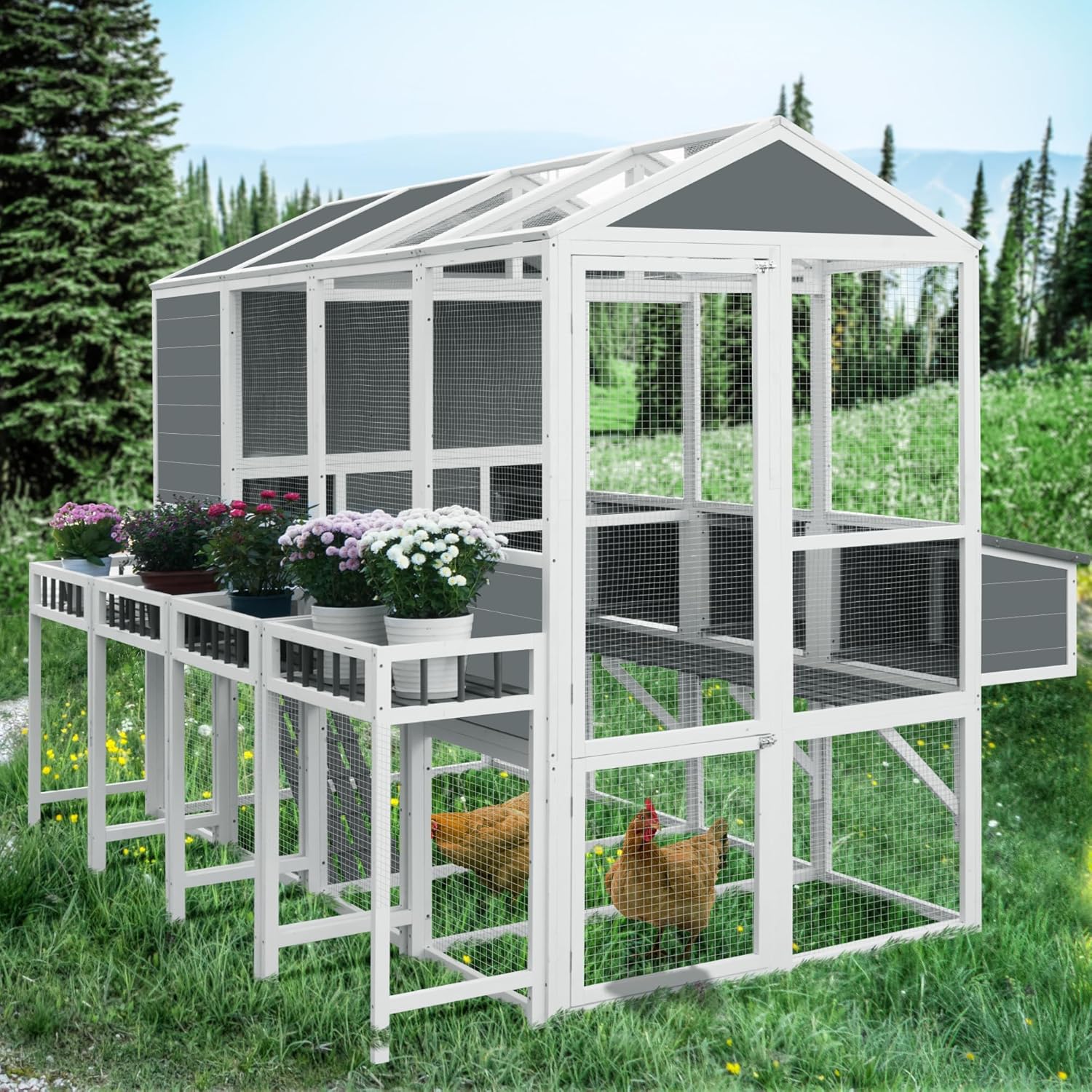 95'' Wooden Walk-in Chicken Coop for 10 Chickens with 4 Nesting Boxes V7048
