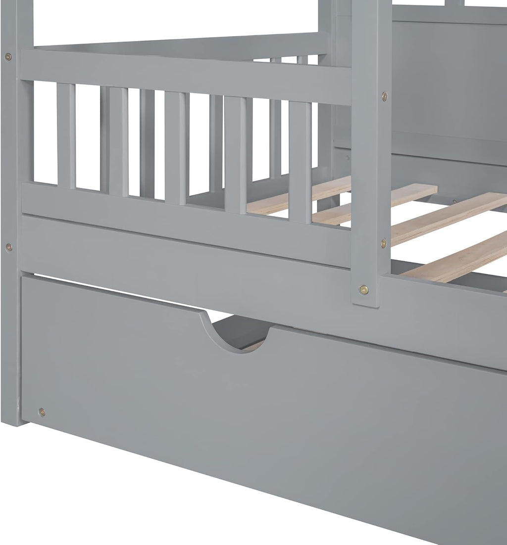 Twin Size House Bed with Trundle and Guardrails, Gray J325