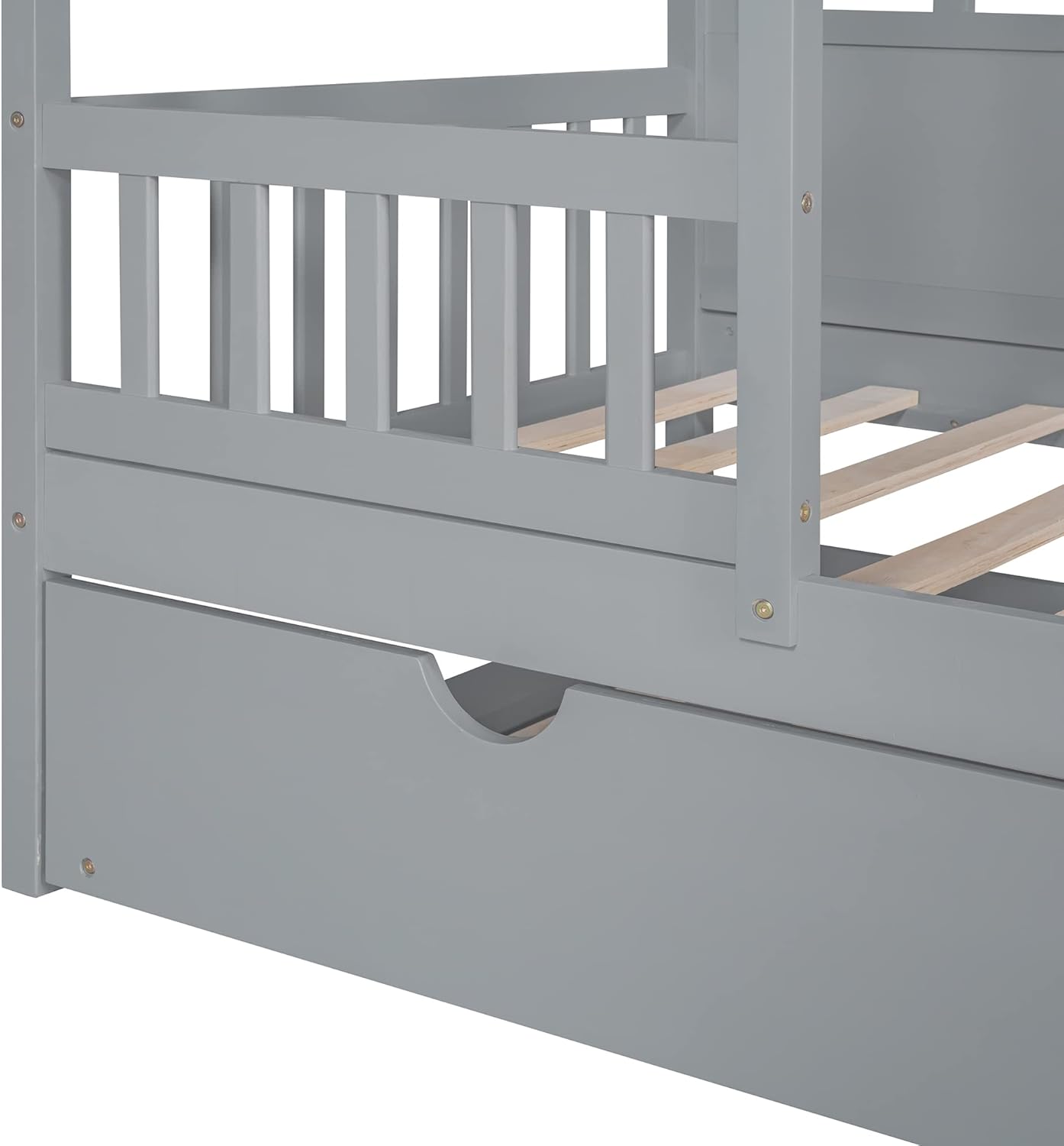 Twin Size House Bed with Trundle and Guardrails, Gray J325