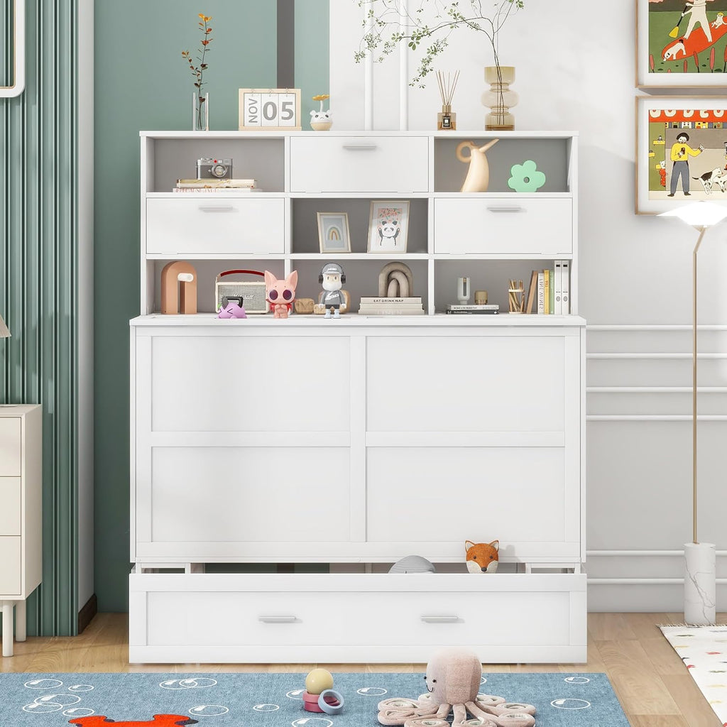 Queen Size Murphy Bed with Bookcase and Drawer, White S41953