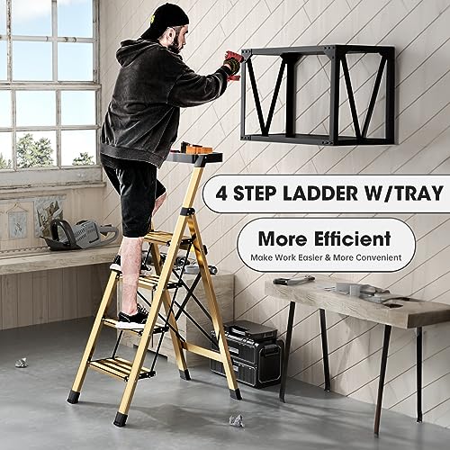 4 Step Folding Ladder with Anti-Slip Pedal, Aluminum, Gold with Tray I29145