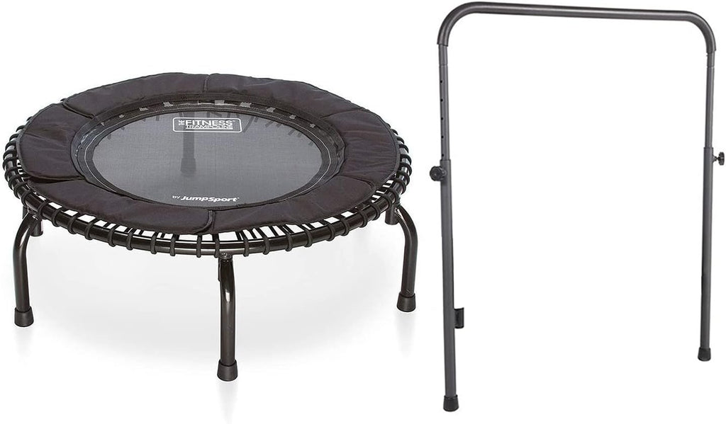 JumpSport 250 Indoor Home Cardio Fitness Rebounder Durable Bounce Exercise Mini Trampoline with Handle Bar Accessory, Premium Bungees, and Workout DVD