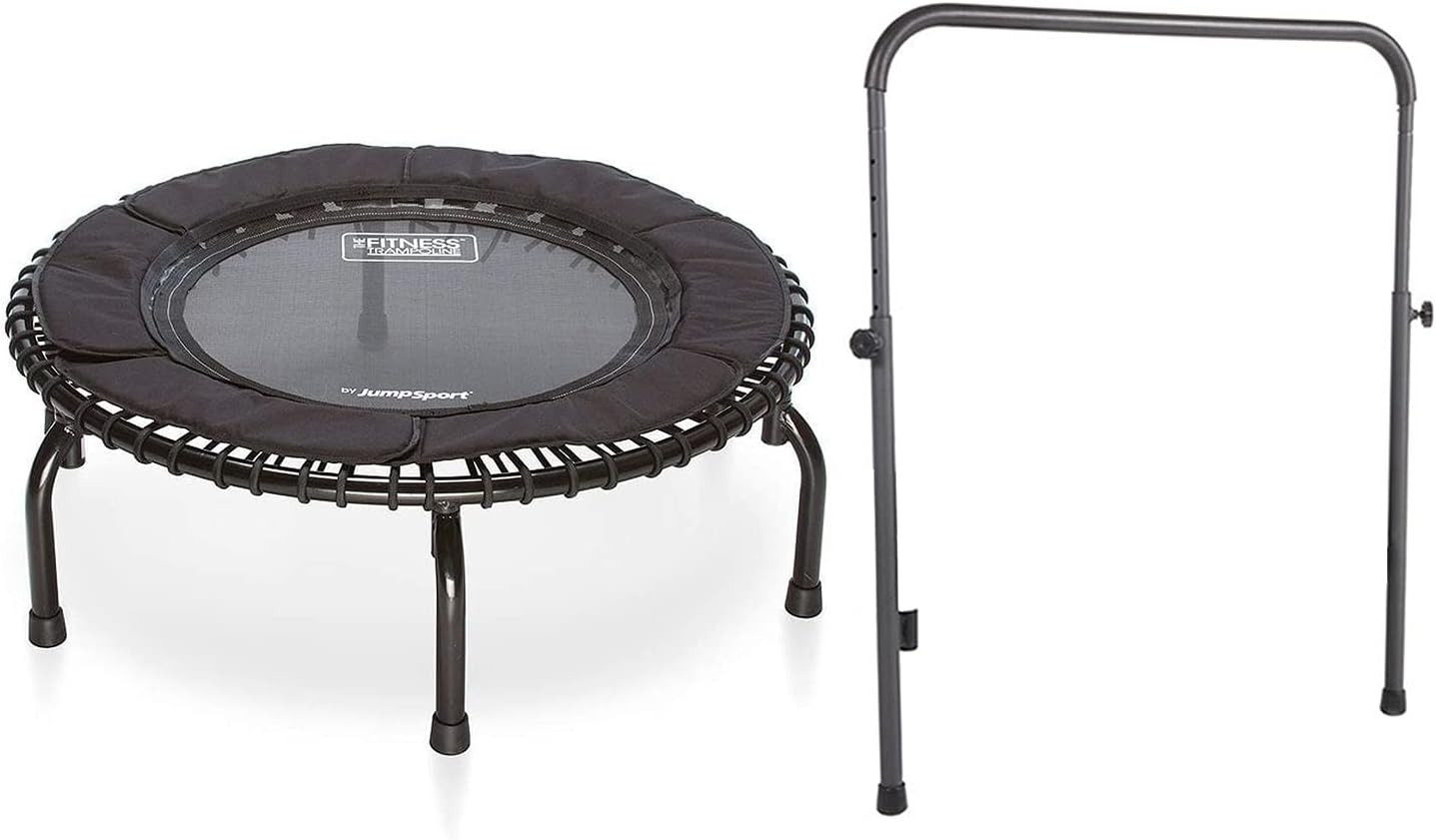 JumpSport 250 Indoor Home Cardio Fitness Rebounder Durable Bounce Exercise Mini Trampoline with Handle Bar Accessory, Premium Bungees, and Workout DVD