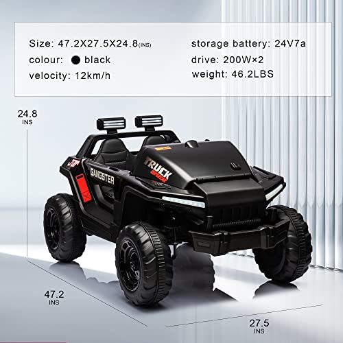 24V Electric Ride on Truck for Kids, 2-Seater Leather Seats, Bluetooth Music, Black V890810