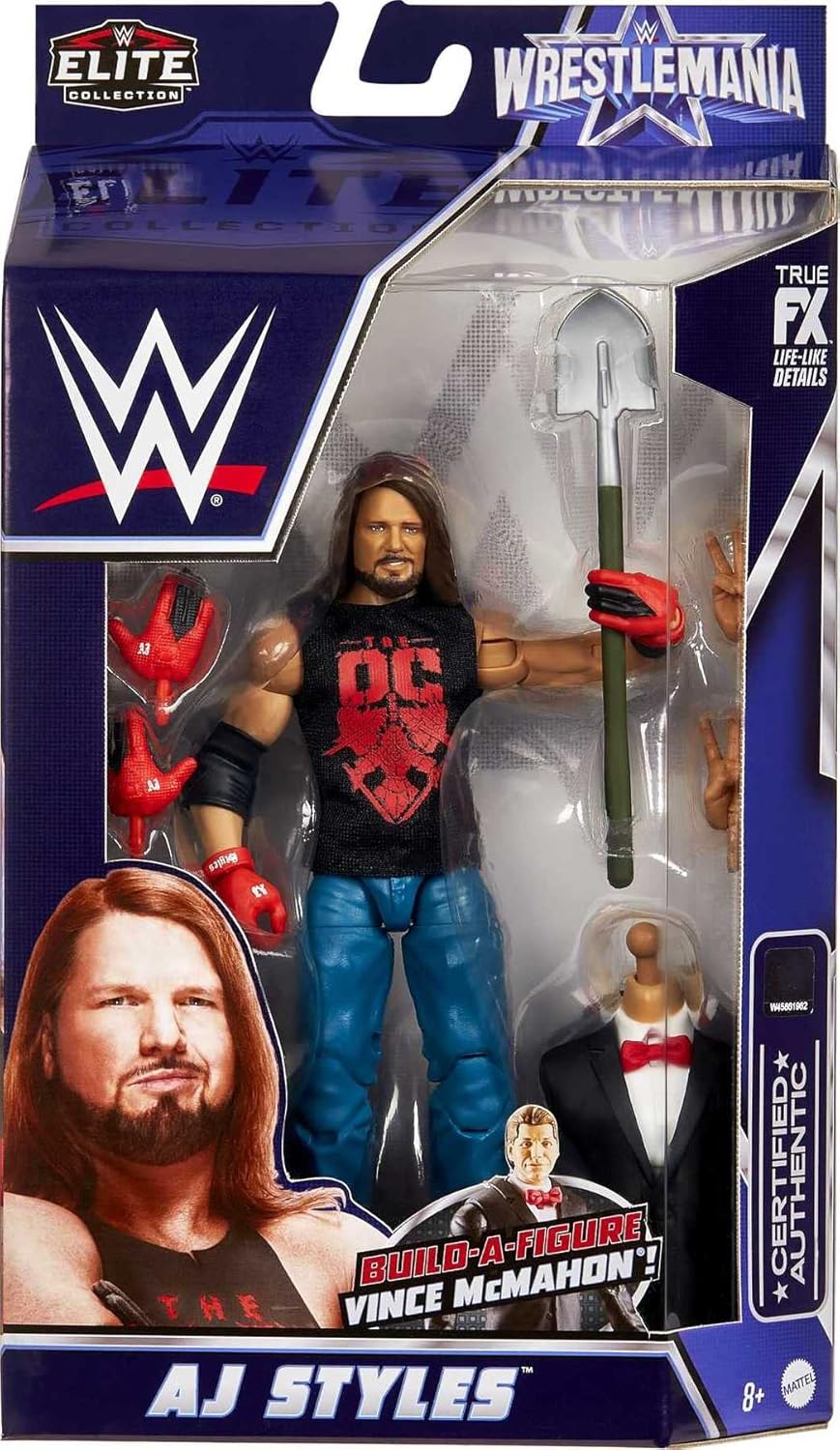 Mattel AJ Styles WrestleMania Elite Collection Action Figure with Build-A-Figure Pieces, 6-in Posable Collectible Z36504