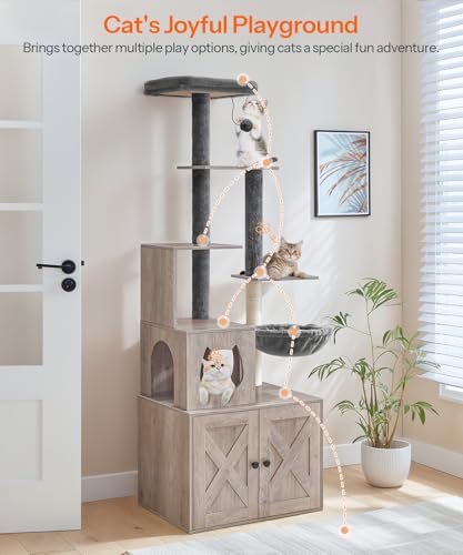 HOOBRO Cat Tree with Litter Box Enclosure, Wooden, 67.7" H I160