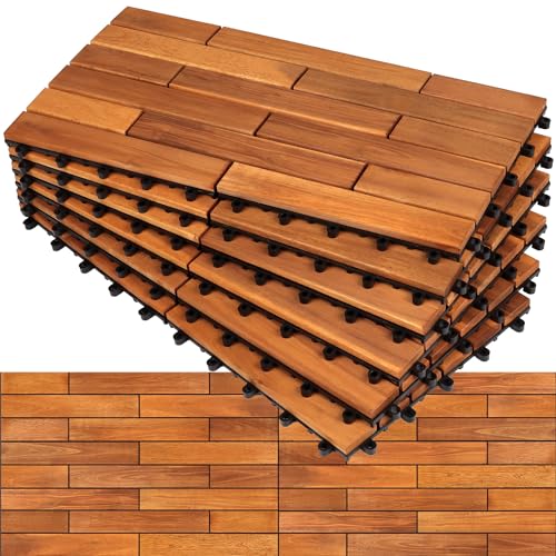 Solid Wood Interlocking Deck Tiles (Pack of 6, 24" x 12"), Acacia Deck Tiles, Floor Tiles for Both Indoor and Outdoor Use, Waterproof All Weather (24X12, Natural Color)