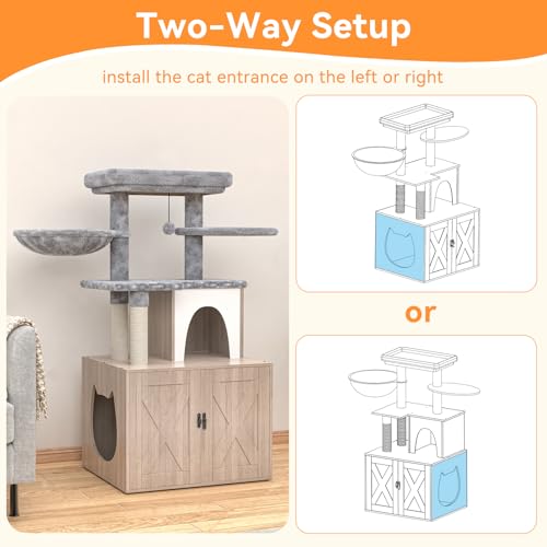 Litter Box Enclosure with Cat Tree and Scratching Post, Grey F704146