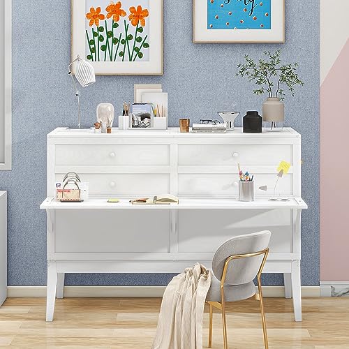 Queen Size Murphy Bed with Bookcase and Drawer, White Q904