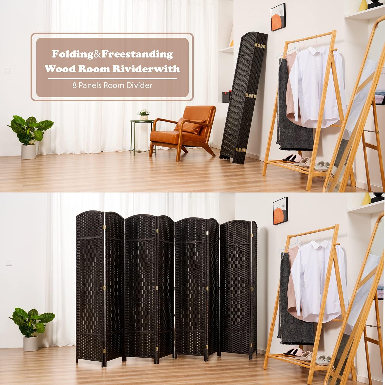 Room Divider 6 ft Tall Folding Privacy Screen Extra Wide Partition Panel Wall Divider Coffee 8-Panel Y925