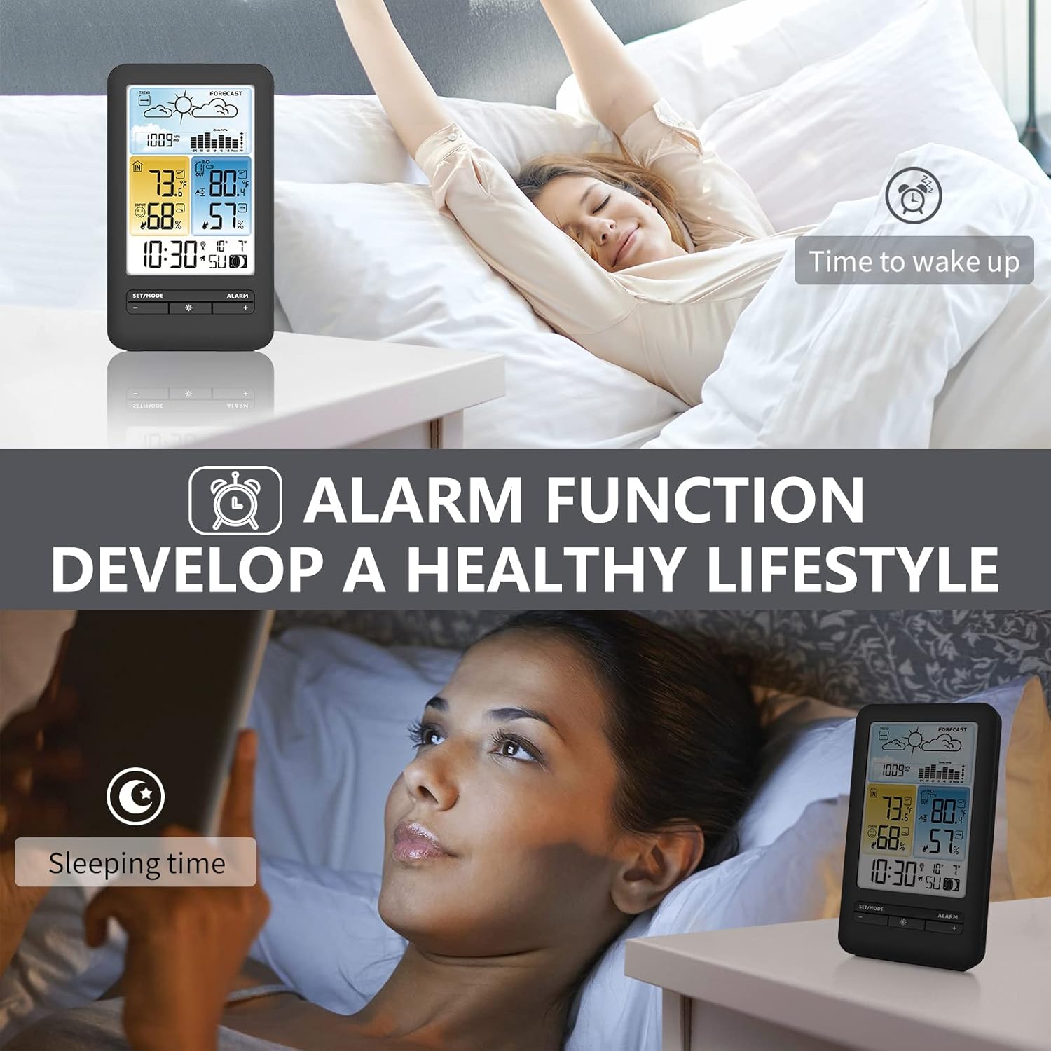 Wireless Indoor Outdoor Weather Station with Color Display, Thermometer, Humidity Monitor, Atomic Clock M97238