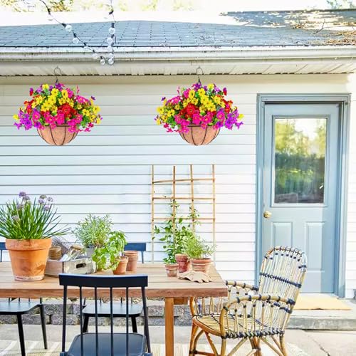 2 Sets Outdoor Artificial Flowers with Hanging Baskets, Yellow Orange G59149
