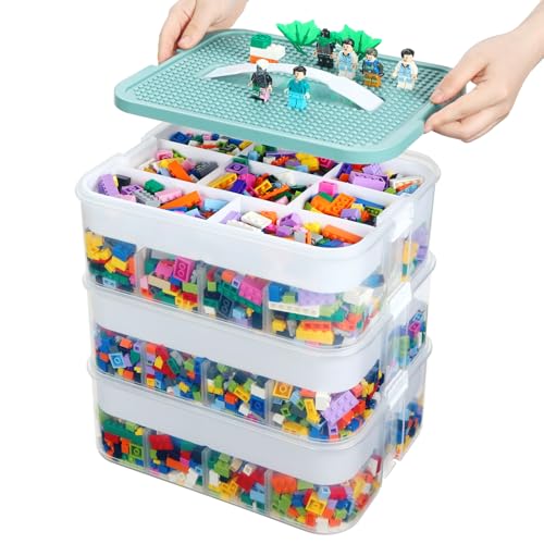 Douorgan Toy Storage Organizer for Lego Stackable Organizer Bins with Compartments Portable Containers with Lids Building Blocks Miniature Organizer Storage Box Toy Chest Case (Blue, 1 Layer)