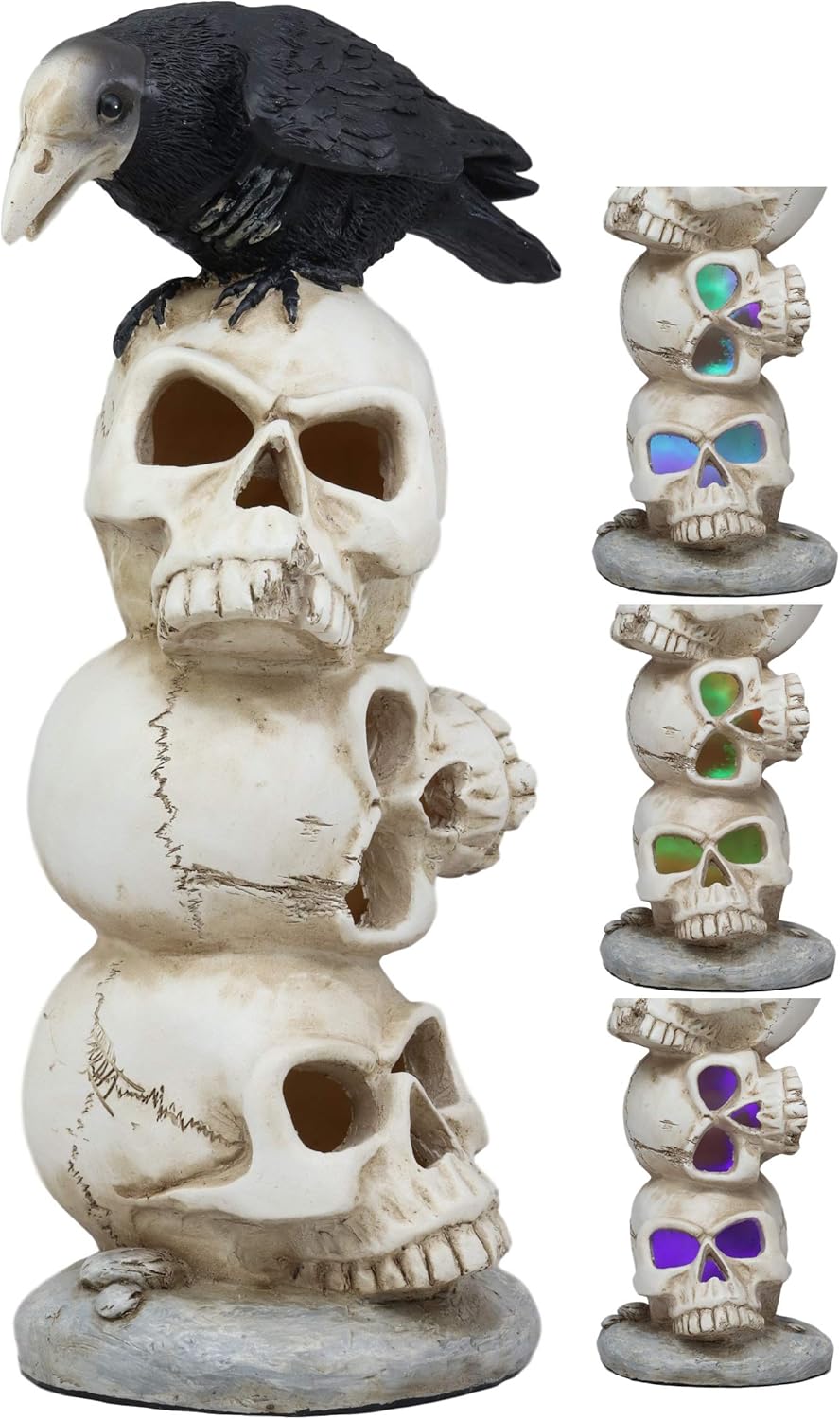 Ebros Gothic Raven Crow Bird Perching On Pole Totem Stacked Skulls with Color Changing LED Night Light Statue 11.75" Tall Edgar Poe Harbinger of Doom Skull Macabre Ossuary Figurine As Halloween Decor